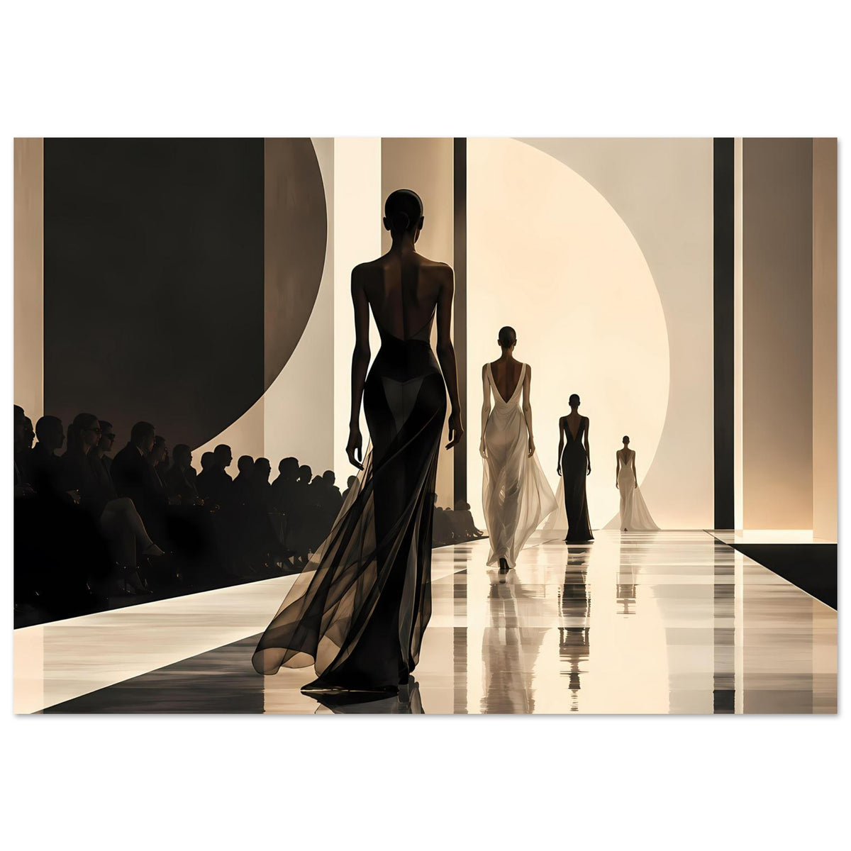 Poster im Querformat: Models auf dem Laufsteg mit monochromen Schwarz-Beige-Silhouetten