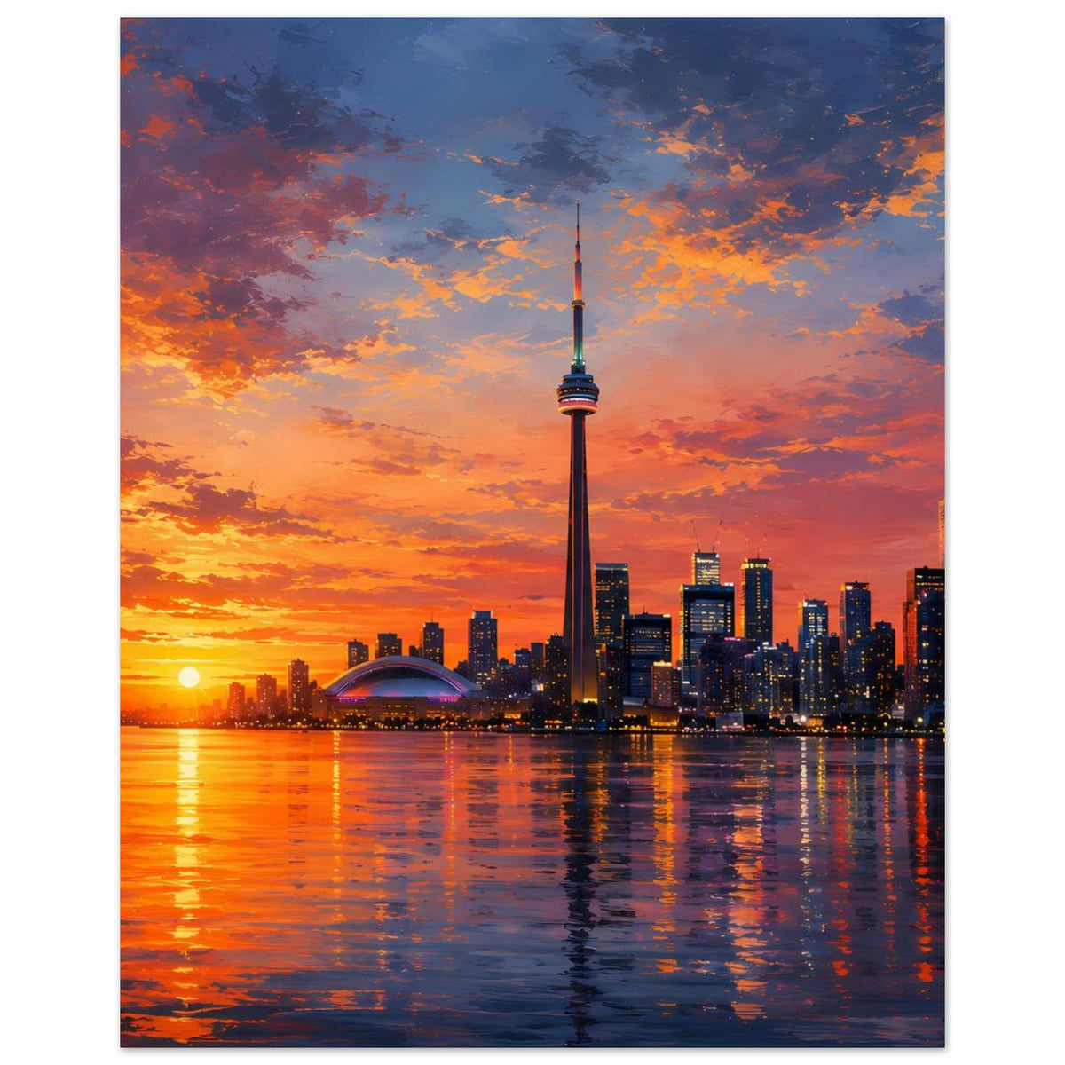 Hochkant-Poster mit Blick auf die Skyline, CN Tower im Zentrum und orangefarbenem Himmel
