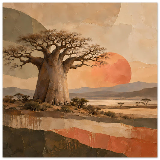 Naturposter: Baobab-Baum mit breiter Krone, orange Sonnenball, afrikanische Landschaft