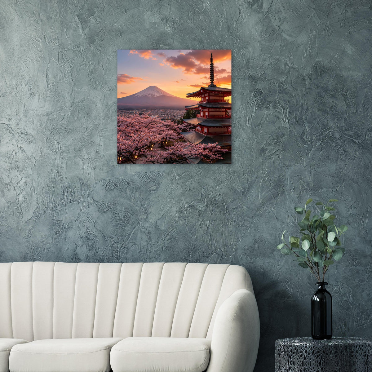 Quadratisches Poster mit Mount Fuji, Pagode und Kirschblüten im Abendlicht