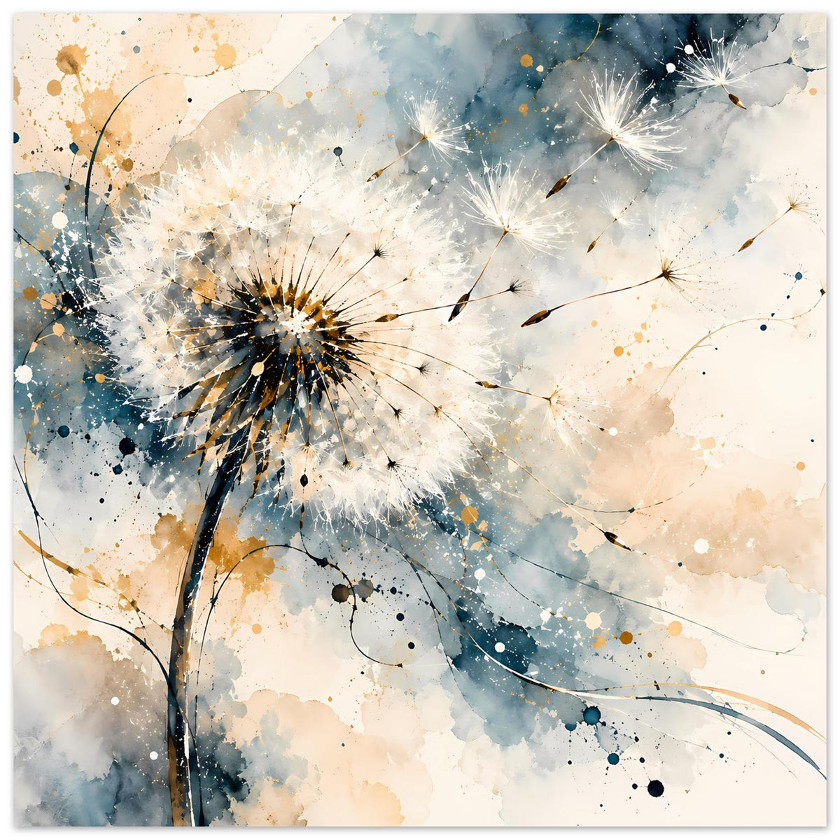 Kunstposter mit Pusteblume, blau-goldenem Farbverlauf und schwebenden Samen