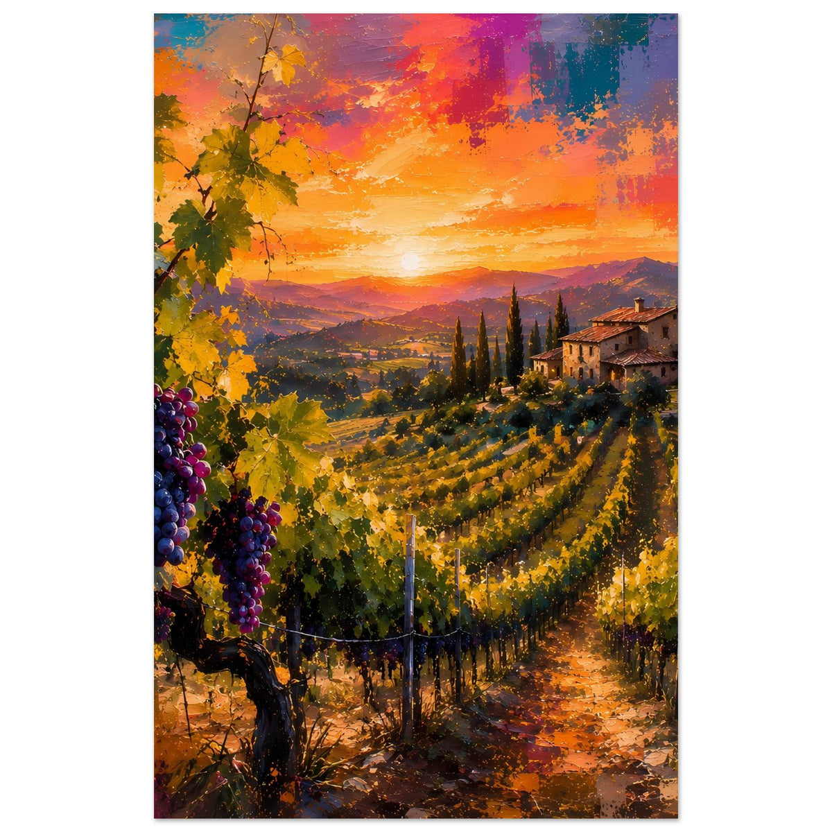 Vertikales Poster mit Weinbergen, Trauben links und Landhaus im Tal bei Sonnenuntergang