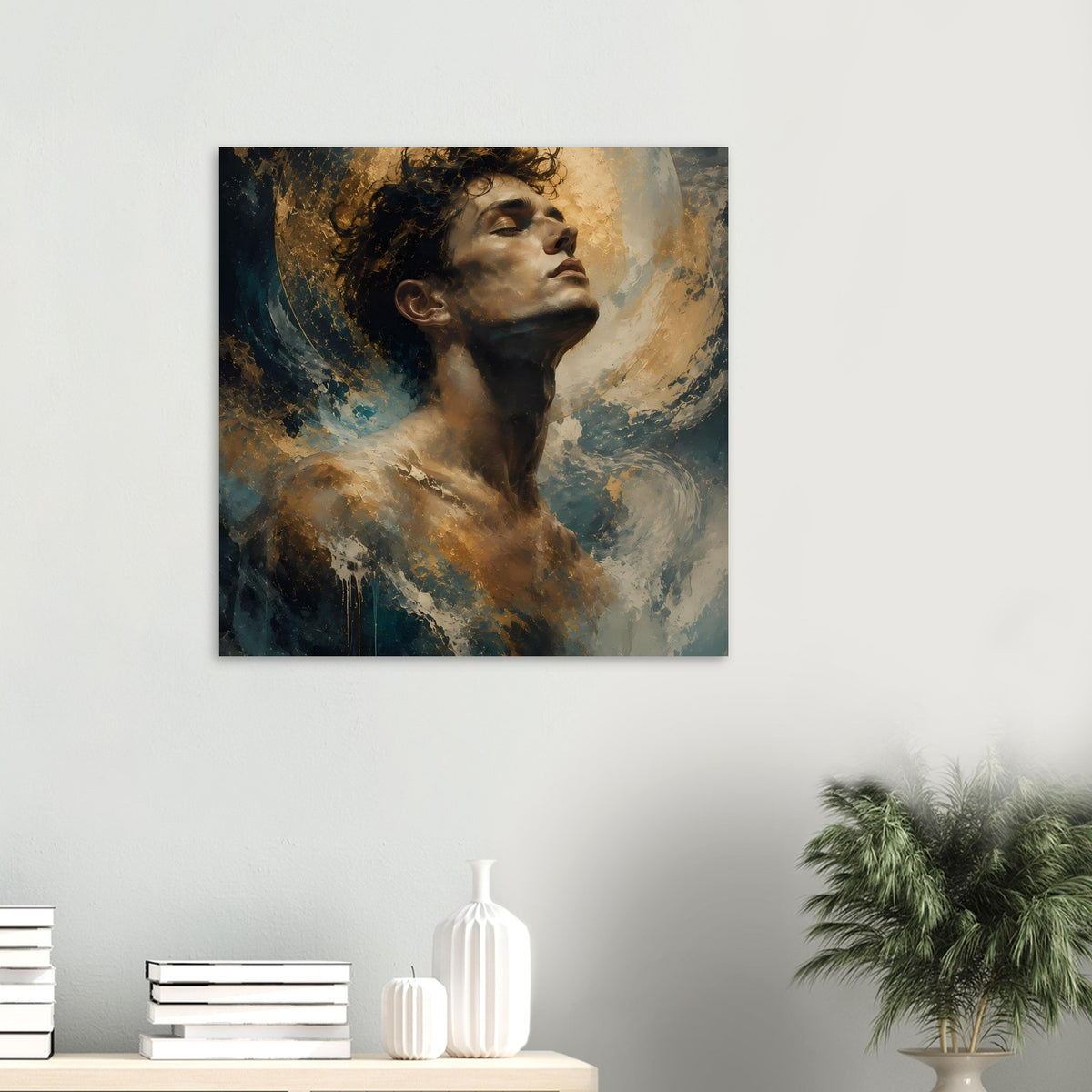 Poster: männliches Gesicht im goldblauen Lichthof, blau-goldene Farbnebel.