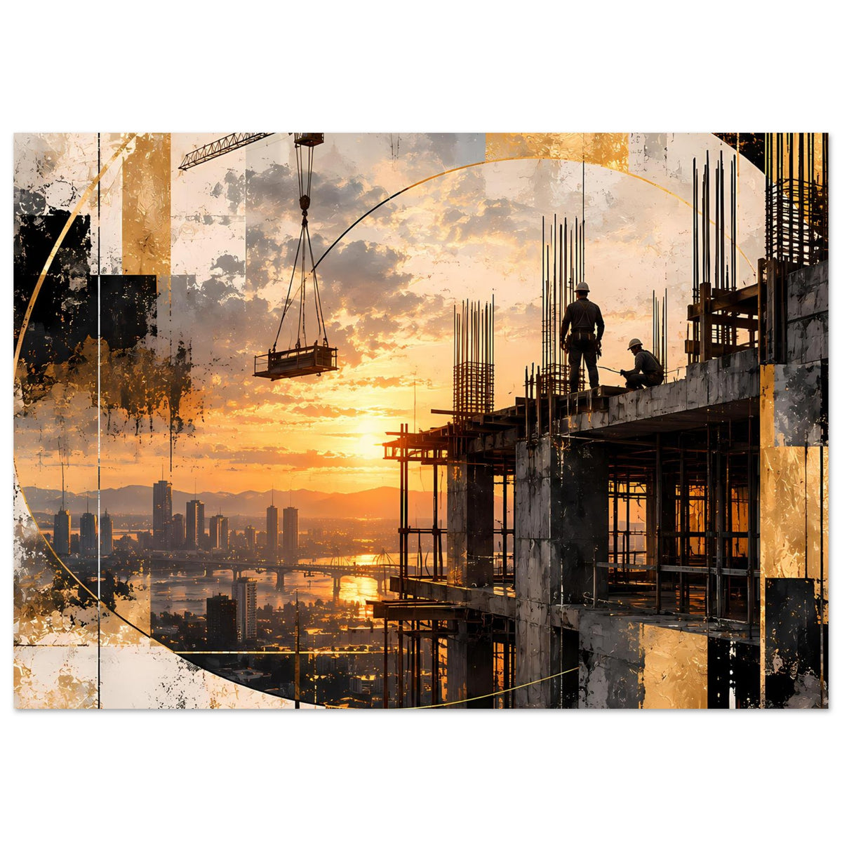 Abstraktes Baukunst-Poster mit Sonnenuntergang, Arbeiter auf Betonstruktur