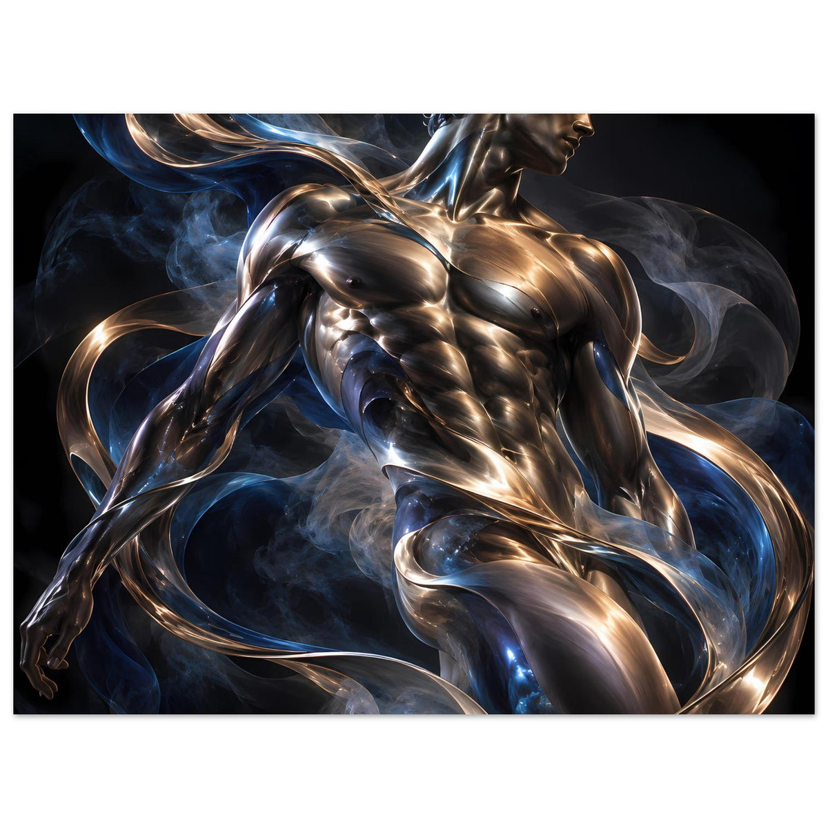 Kunstdruck mit silbrig-goldener Figur vor blauen Rauchschleiern, horizontal mit breitem Rand