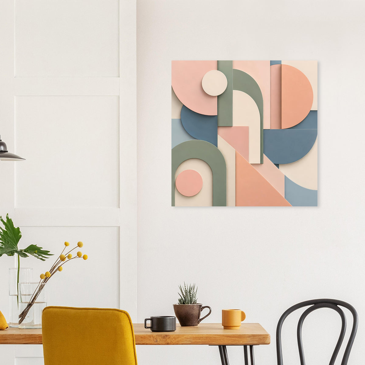 Abstraktes Kunstposter mit geometrischen Block- und Kreisformen in Pastell, Terrakotta und Salbeigrün