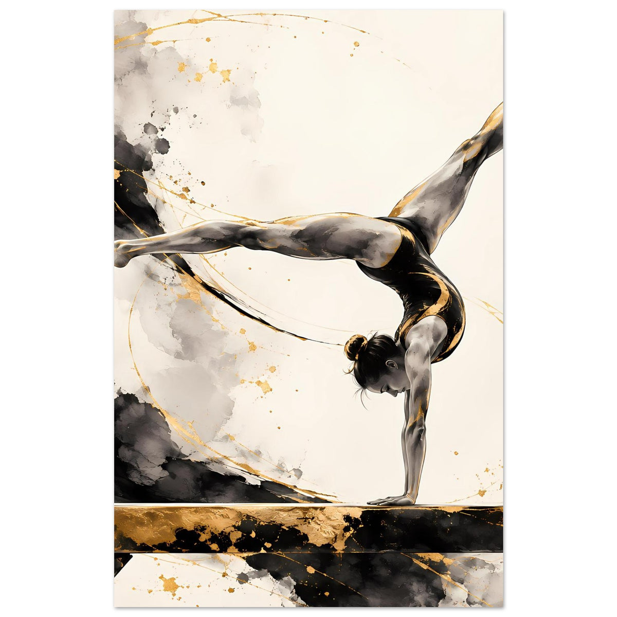 Gymnastikposter mit Turnerin im Handstand, schwarz-goldenes Action-Design, abstrakte Spritzer