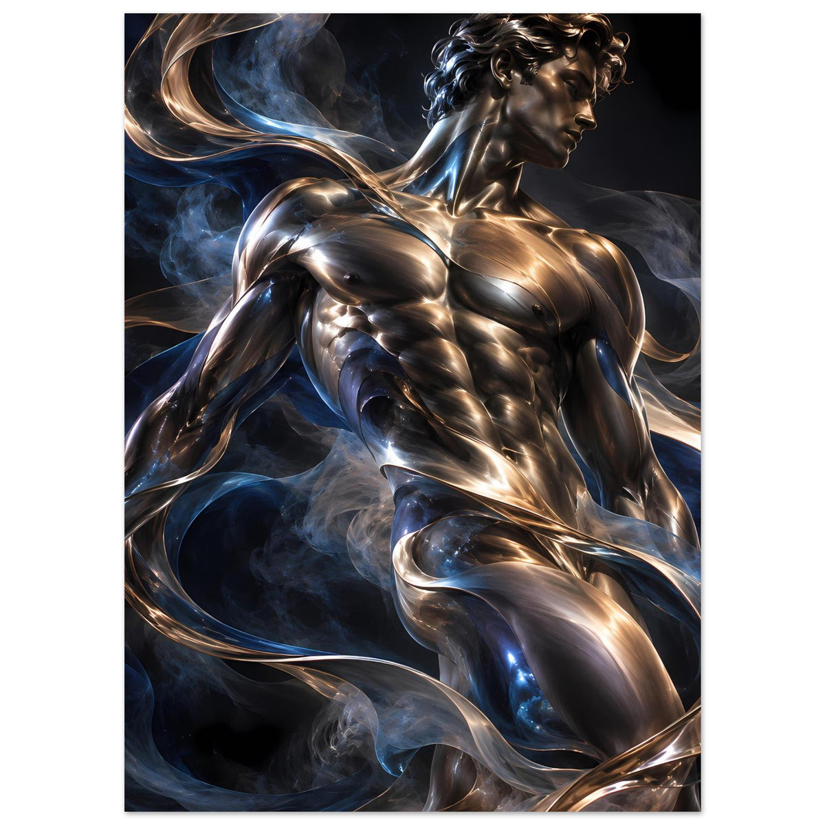 Kunstposter mit männlicher Metallfigur, gold-silberner Glanz, blaue Rauchwirbel, seitliche Pose