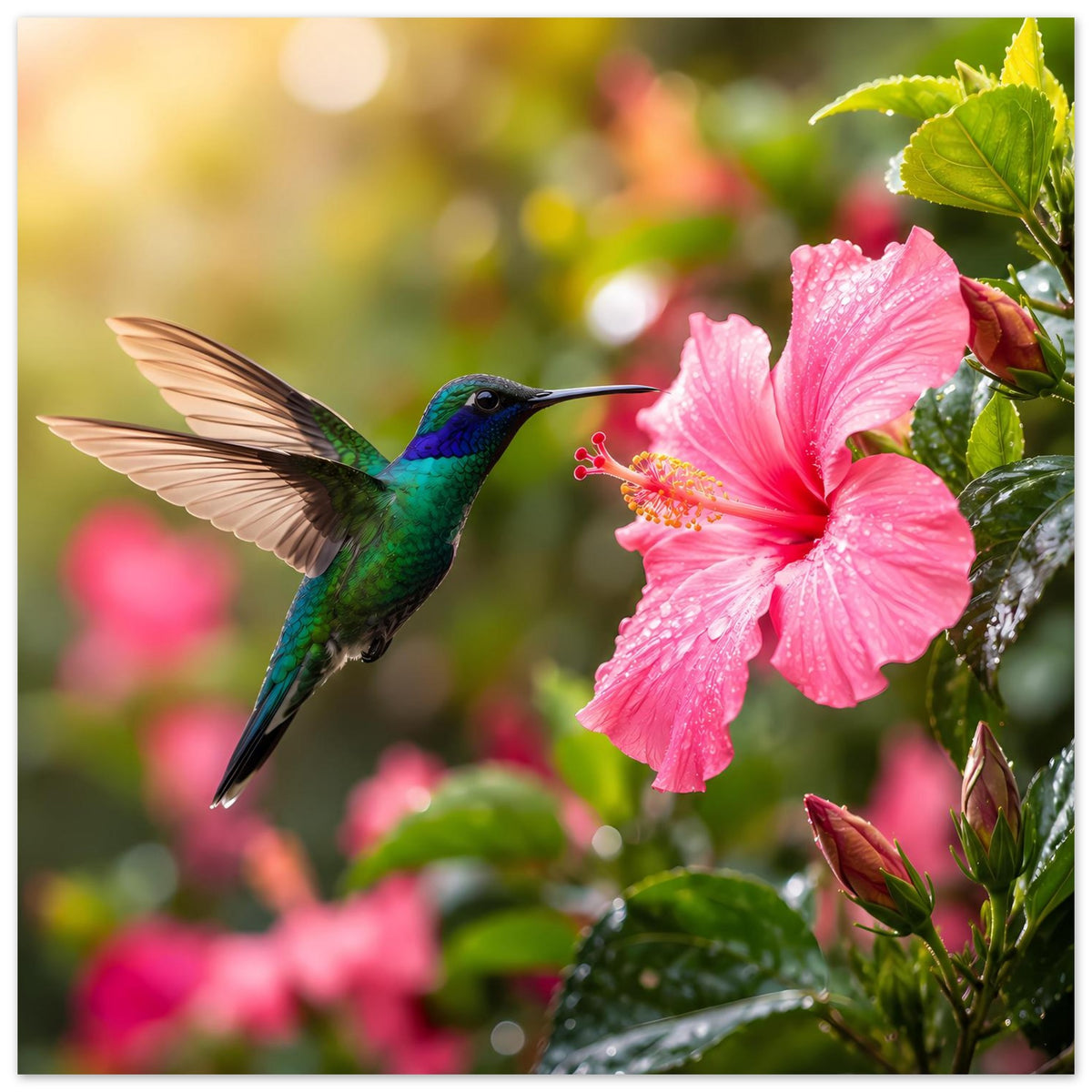 Poster mit Kolibri im Flug nahe Hibiskusblüte und Knospen