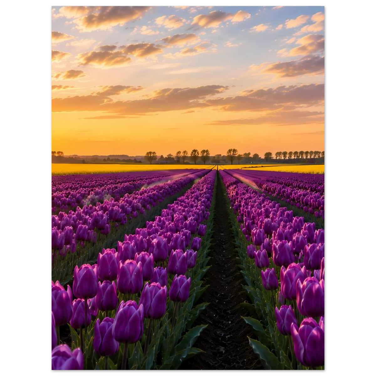 Poster mit violetten Tulpenfeldern und Sonnenuntergang, Weg in die Ferne