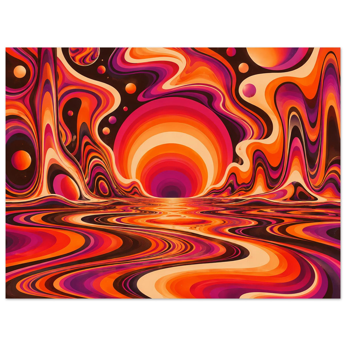 Querformat-Poster mit farbintensiven Orange- und Violettwirbeln, leuchtende Sonne