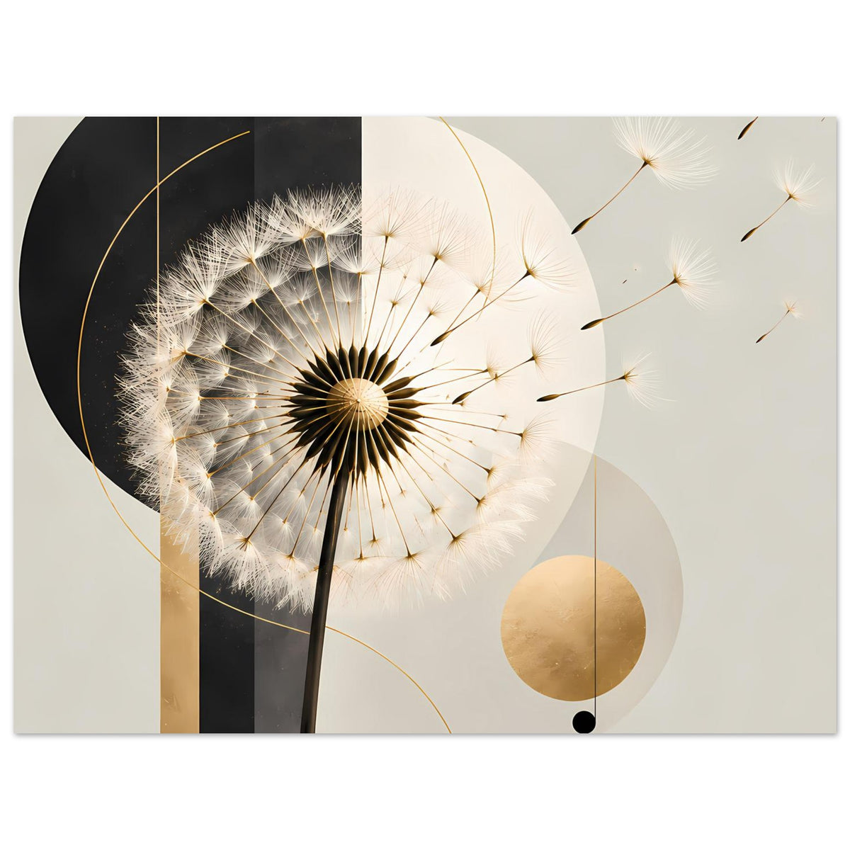 Dandelion-Poster mit Pusteblume, goldene Linien, beiger Kreis rechts, kontrastreiches Motiv