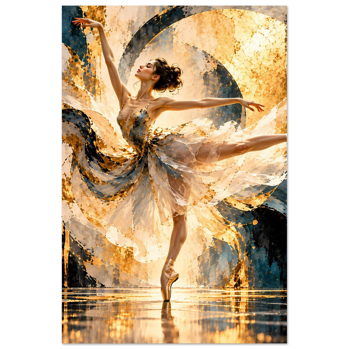 Vertikales Ballett-Poster mit tanzender Ballerina, Arme erhoben, goldener Glanzrock