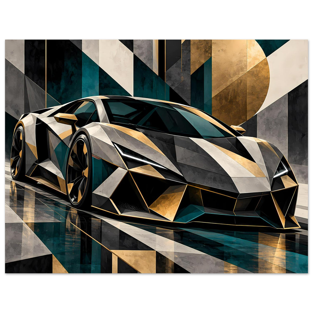 Sportwagen-Poster: Luxus-Sportwagen 3/4, silber-schwarz, goldene Kanten, Petrol-Optik