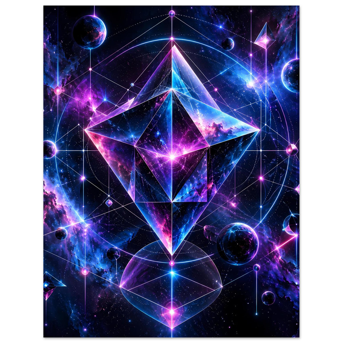 Poster mit kosmischem Geometrie-Design in Hochkant, blau-violettes Raummotiv