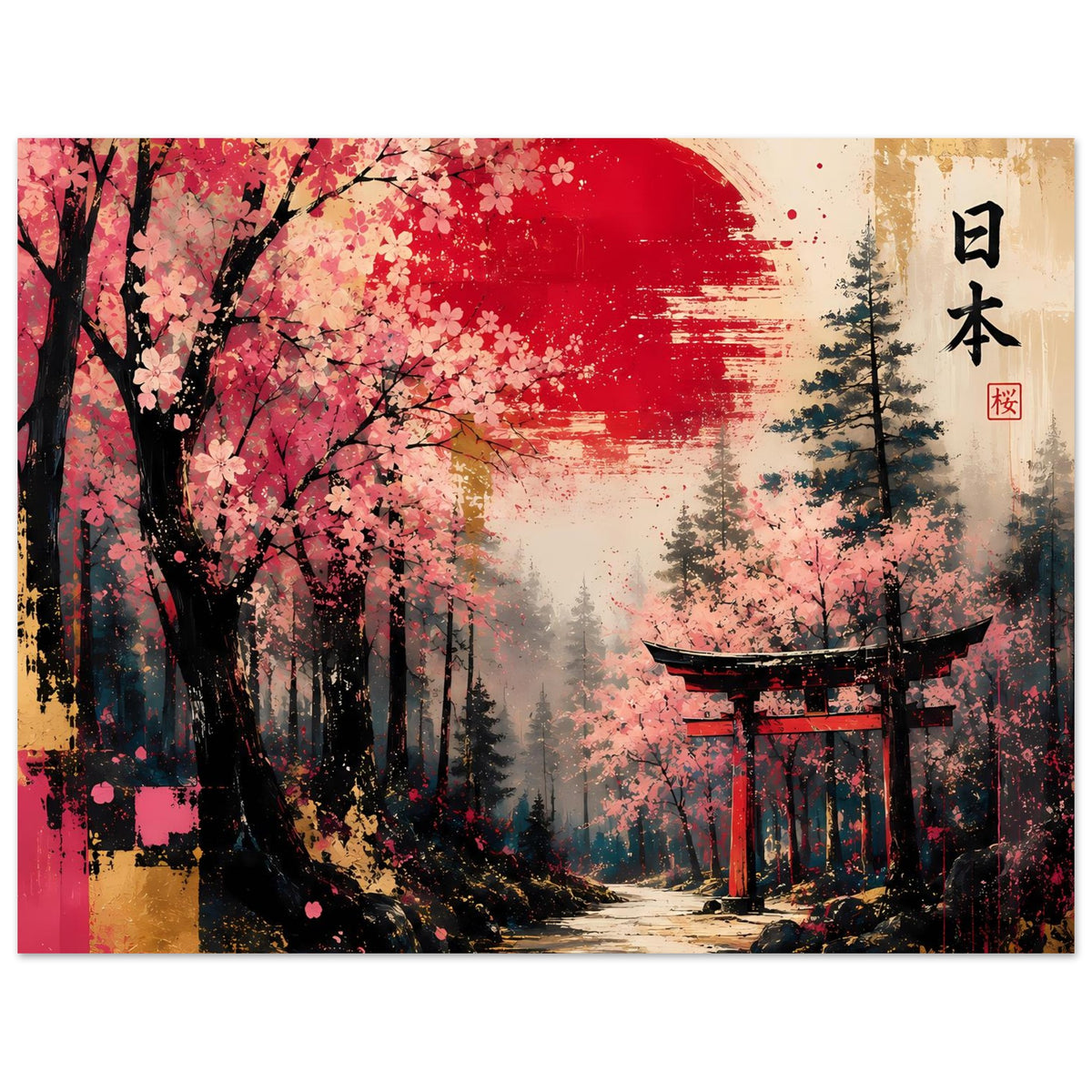 Poster mit Kirschblütenbaum, kräftigem Rot und Torii am Waldweg