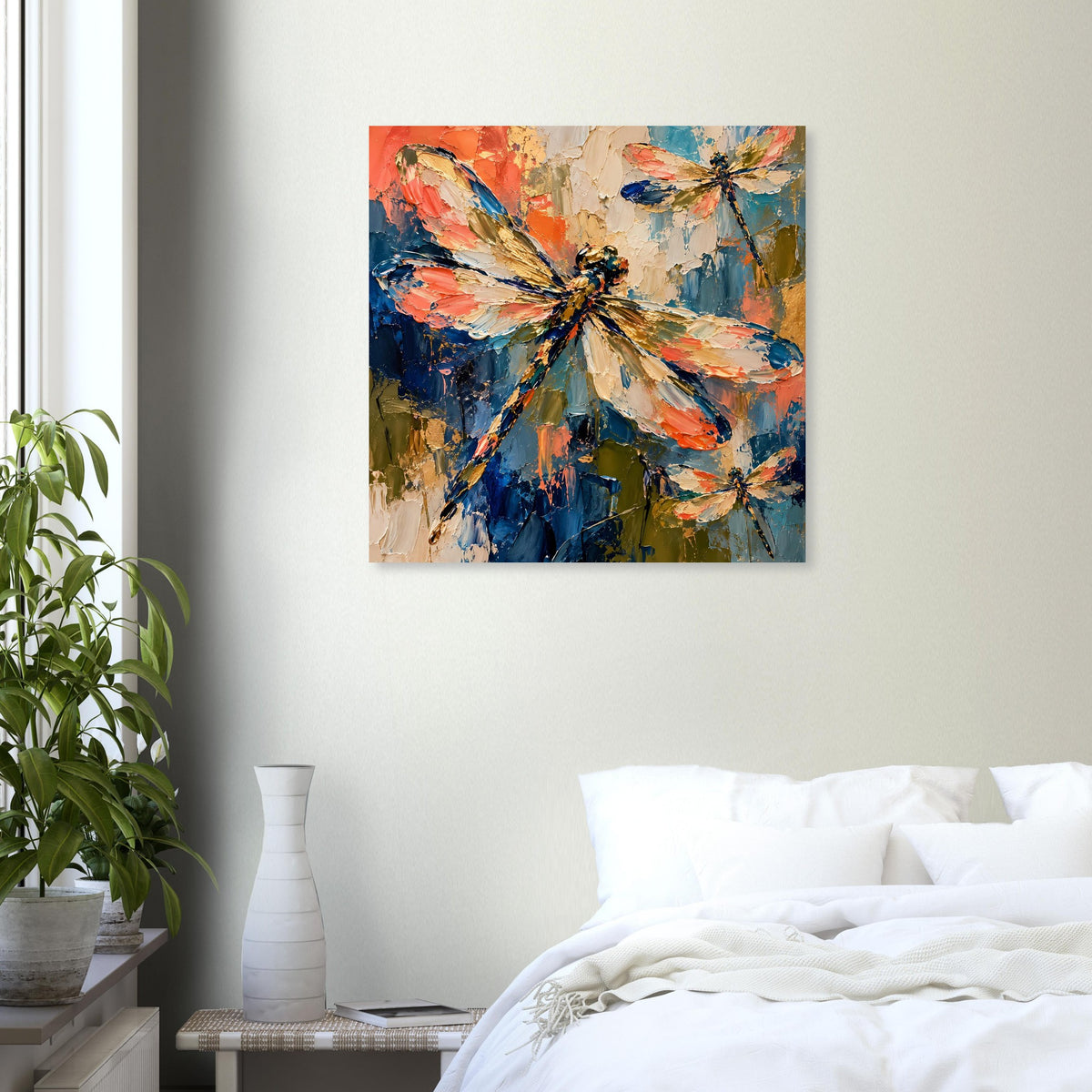 Quadratischer Kunstdruck mit abstrakter Libelle in kräftigen Farben, blau-oranges Motiv