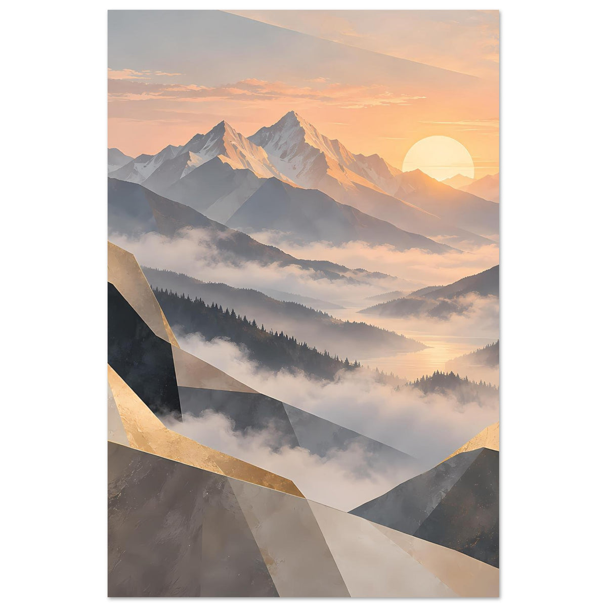 Poster im Hochformat: Sonnenaufgang über Bergen mit pastelligen Tönen und goldenen Akzenten