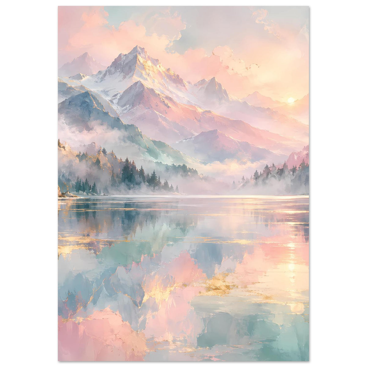 Vertikales Poster: Pastell-Berge mit Nebel, Tannenwald und reflektierendem See.