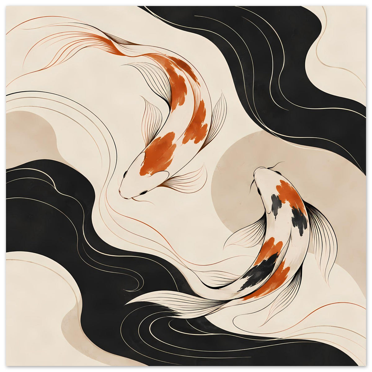 Japanisches Poster mit Koi-Fischen in Orange, Schwarz und Beige, umspült von Wellenlinien