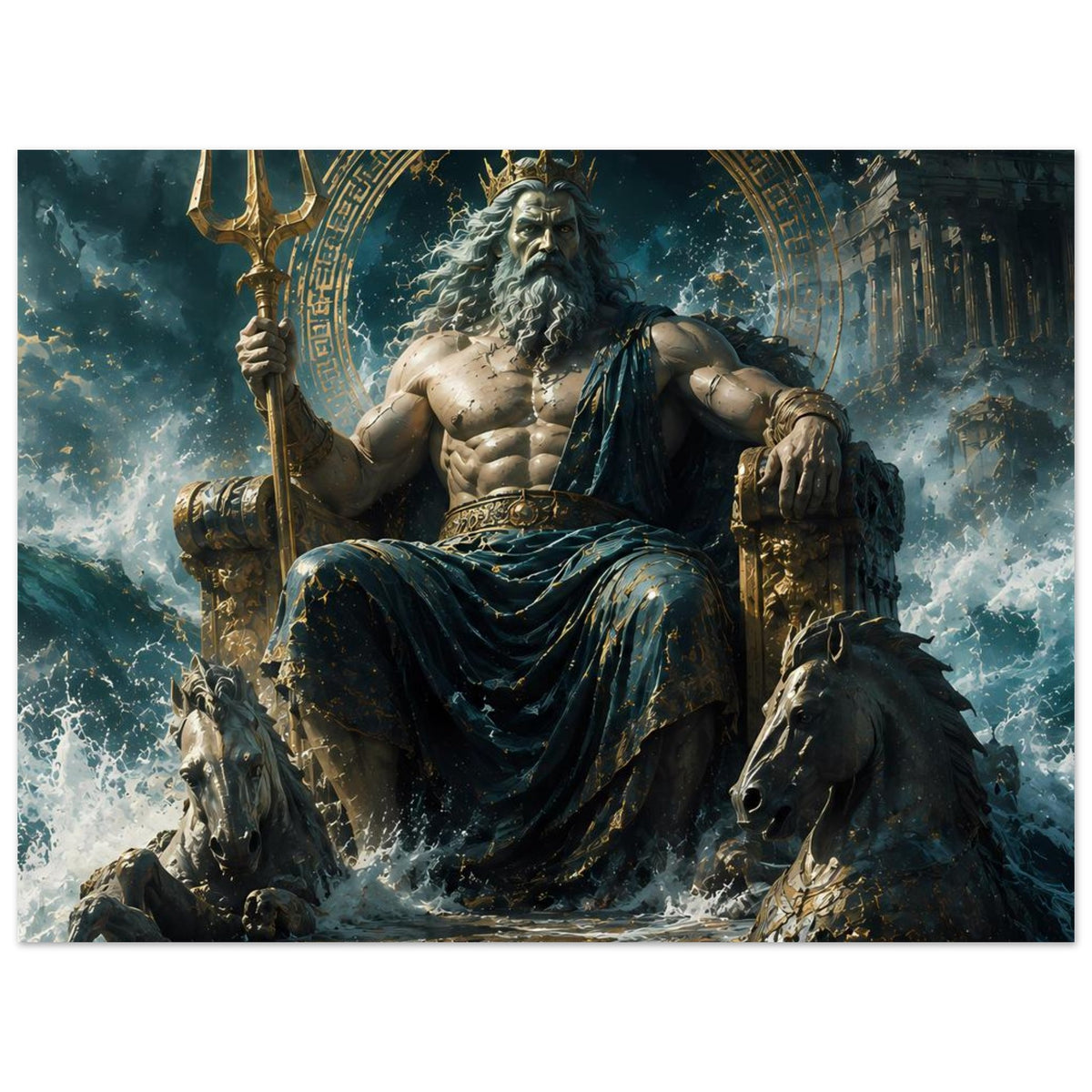 Poster mit Poseidon-Gott, Dreizack in der Hand, goldene Details und türkisfarbene Wolkenringe