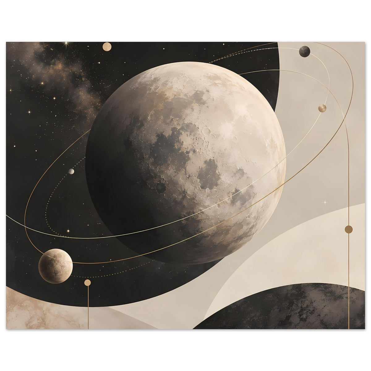 Poster mit großem Mond, Sternen und goldenen Linienbahnen in braun-beigen Erdtönen