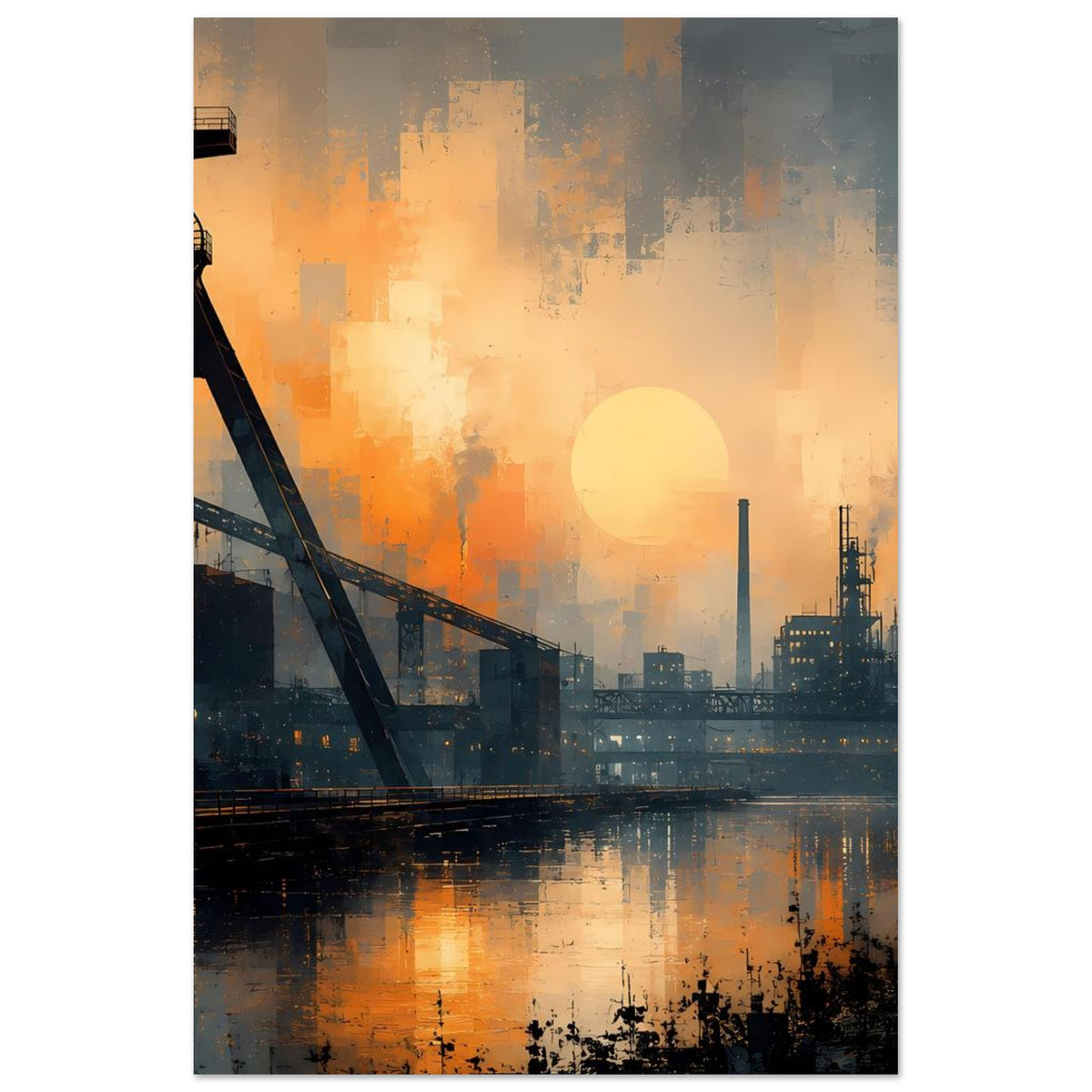 Industriepanorama-Poster im Hochformat: orangefarbene Sonne über Industrie-Skyline und Wasser