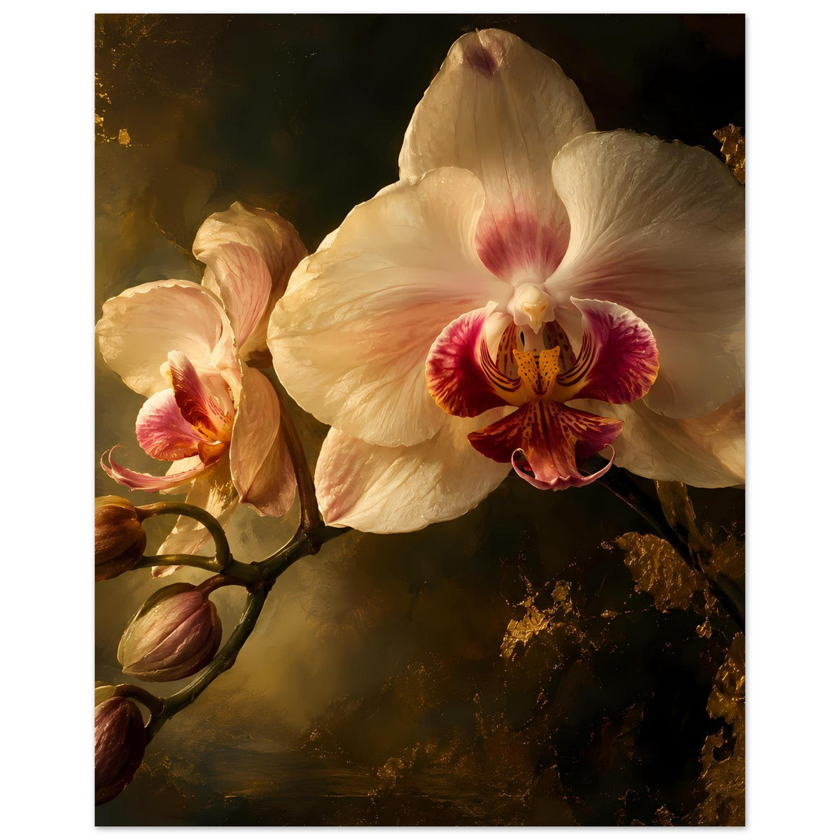 Orchideenposter als Detailansicht, cremefarbene Orchideenblüte mit rotgoldenem Zentrum