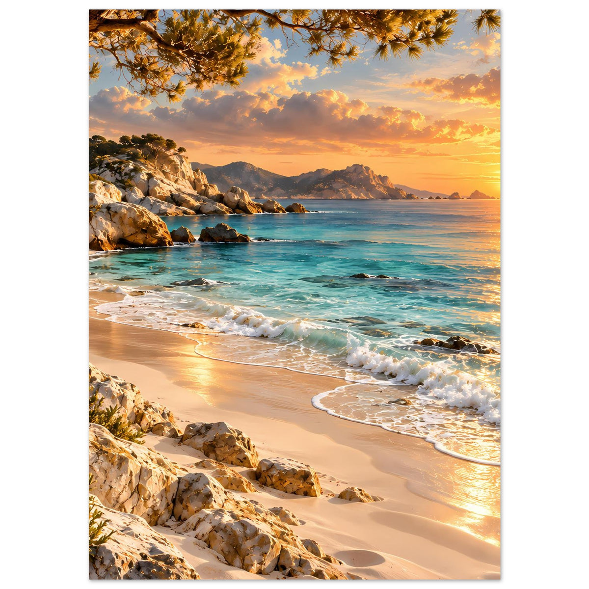 Strandlandschafts-Poster: orangefarbener Sonnenuntergang, türkisfarbenes Wasser, Sand und Wellen