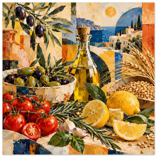 Stillleben-Poster mit Oliven, Tomaten, Zitronen, Orangen und einer Ölflasche