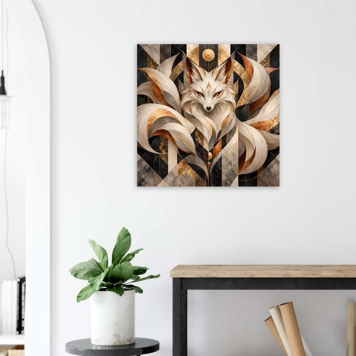 Geometrisches Fuchs-Poster mit stilisiertem Fuchsgesicht und goldenen Akzenten