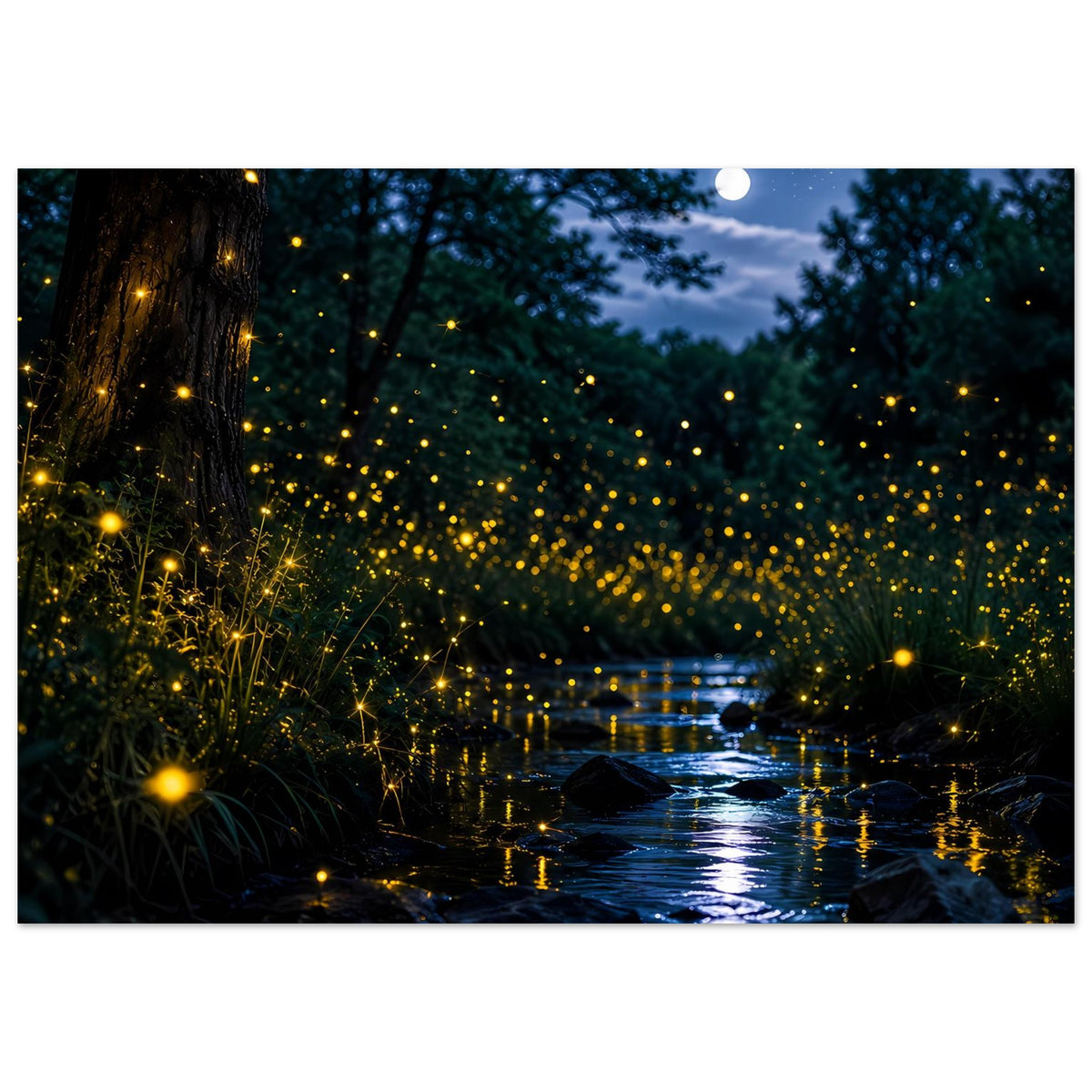 Leuchtposter mit Flusslandschaft bei Nacht, vielen goldenen Glühwürmchen am Wegesrand