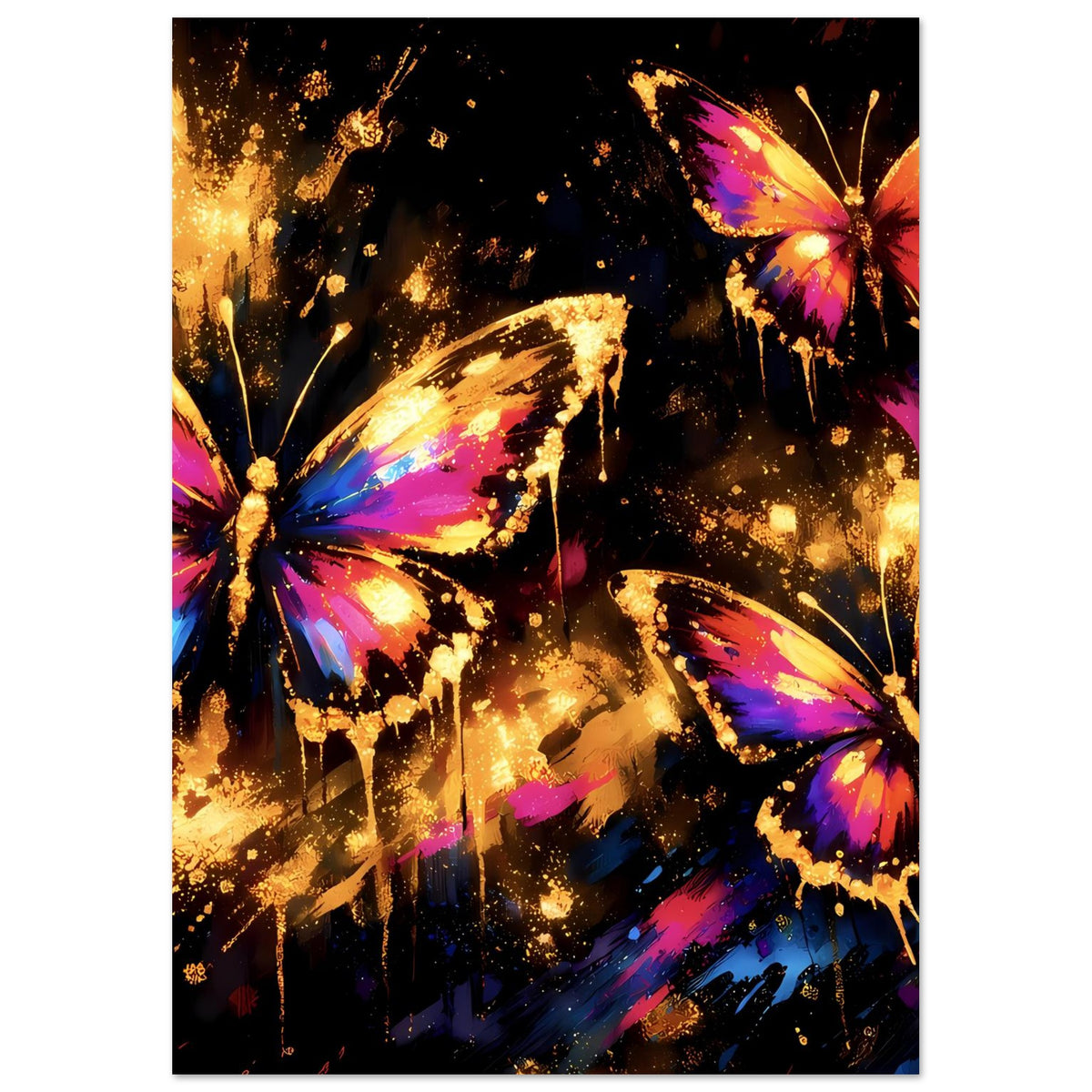 Kunstposter mit leuchtenden Schmetterlingen in kräftigen Farben, drei Motive