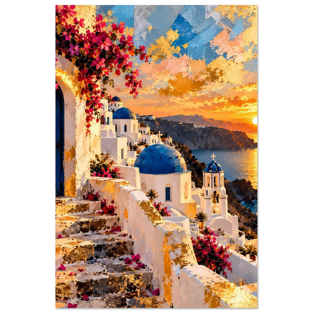 Hochformat-Poster: weiße Treppe mit roten Blüten, blaue Kuppel und Sonnenuntergang am Meer