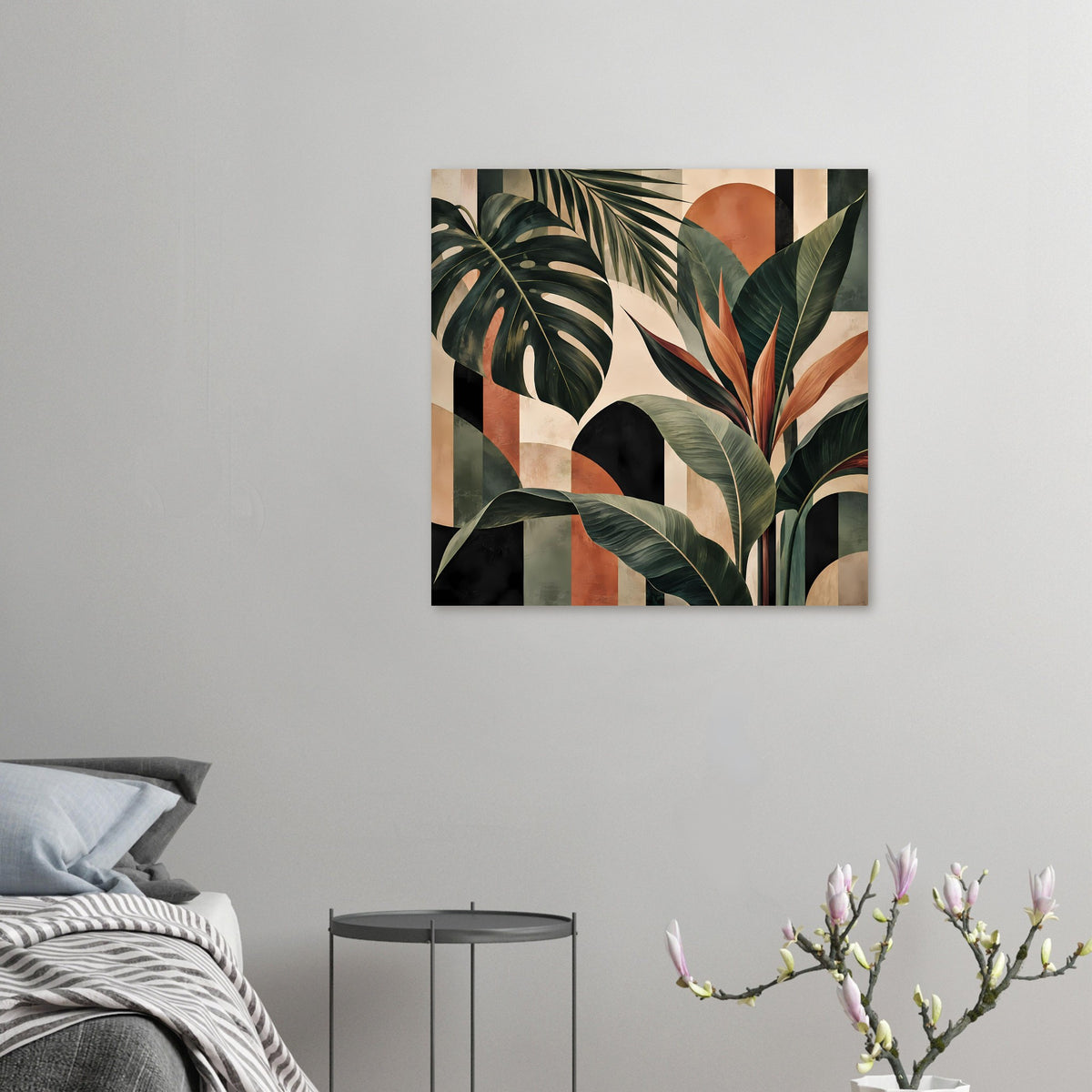 Botanisches Poster mit tropischen Blättern in warmen Erdtönen, schwarzer Rahmen