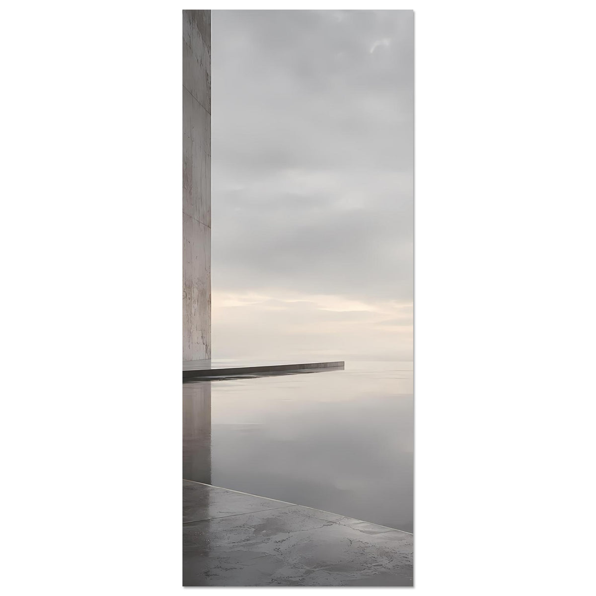 Vertikales Poster mit Betonwand links, Horizontlinie und Reflexion auf Wasser