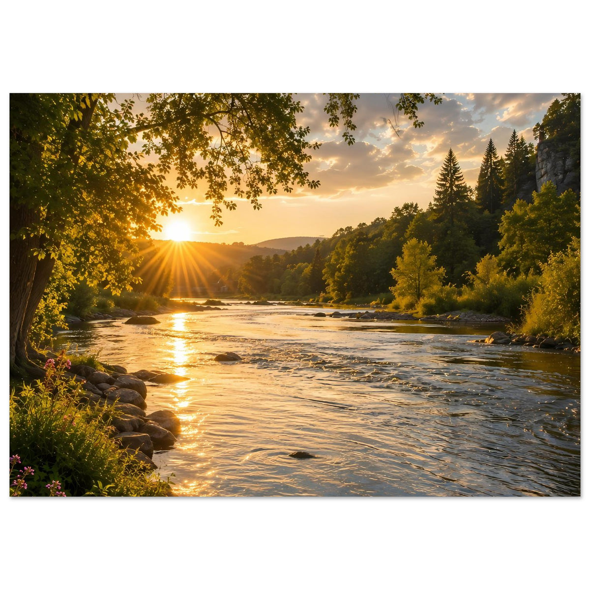 Flusslandschaft-Poster mit Sonnenstrahlen, Fluss und Baumkronen über dem Wasser