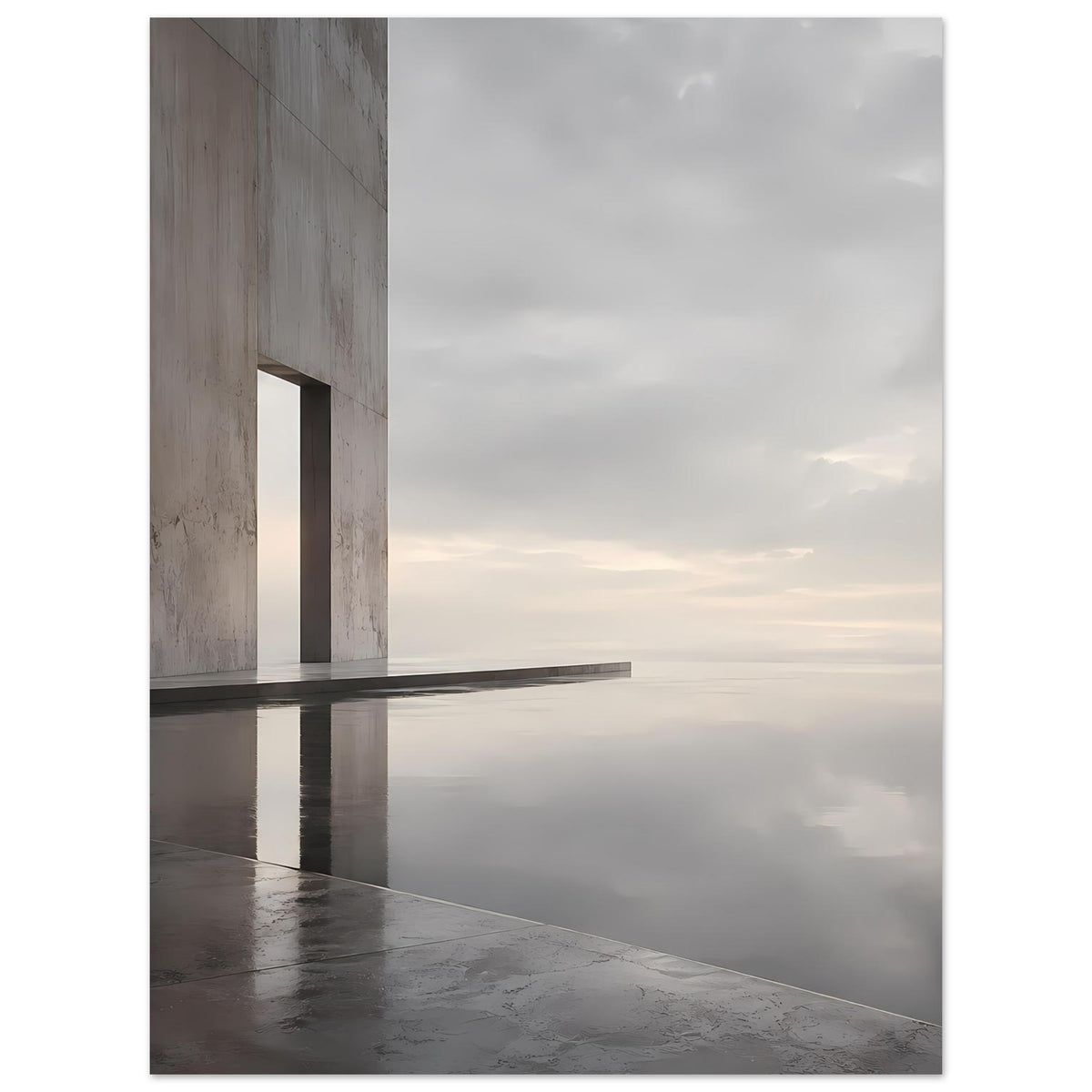 Betonarchitektur-Poster mit Spiegelung im Wasser, minimalistisch im Hochformat