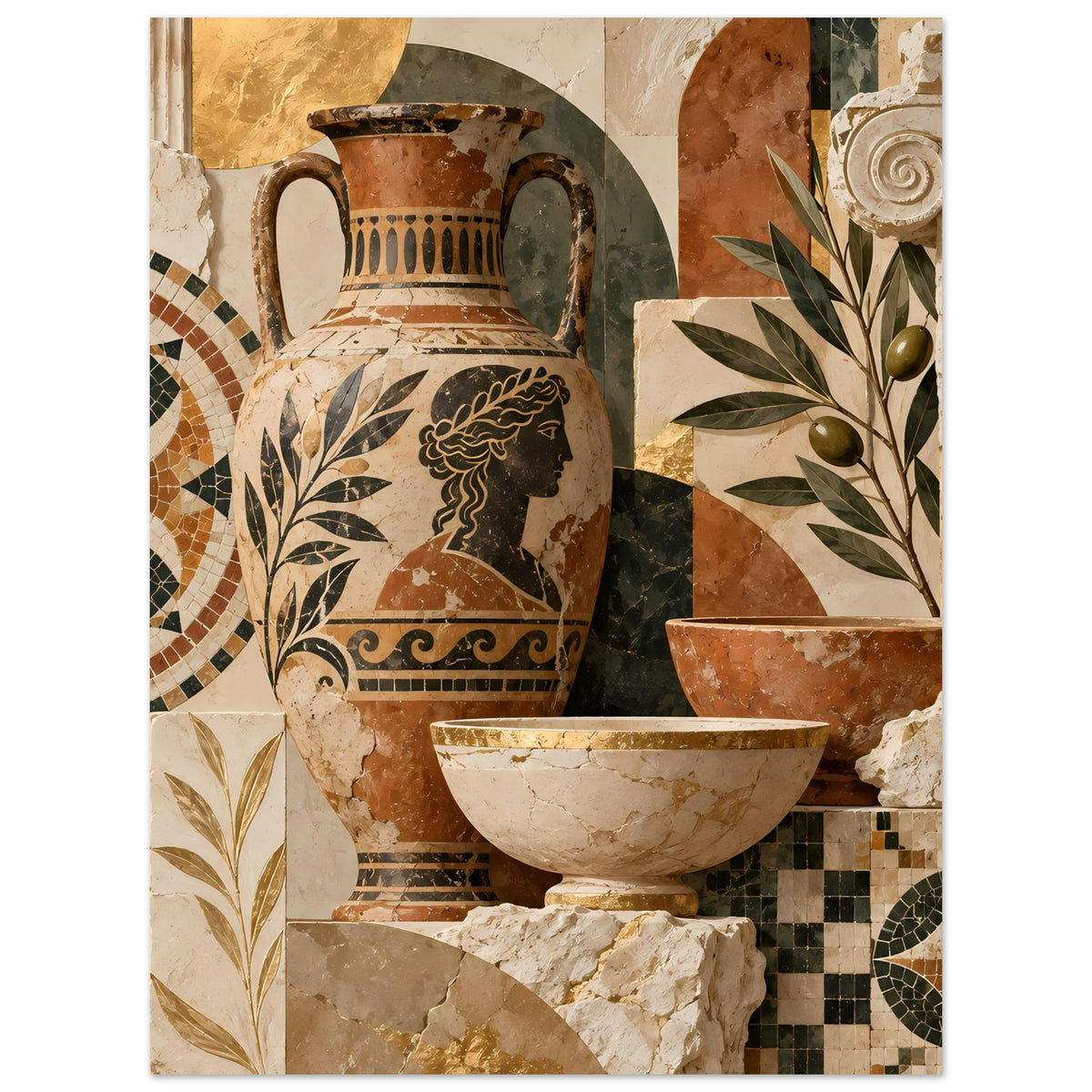 Mediterranes Mosaik-Poster: Amphore und Schüssel, flankiert von Pflanzenmuster und Mosaik