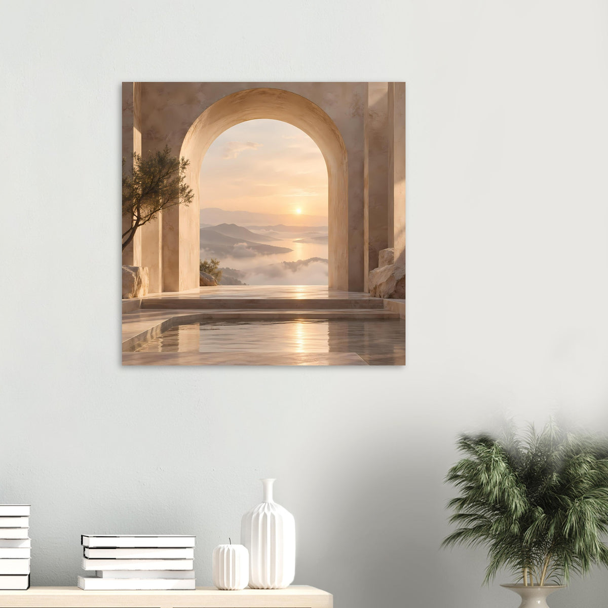 Kleines Poster mit architektonischer Bogenöffnung, Sonnenuntergang über Bergen und reflektierendem Becken