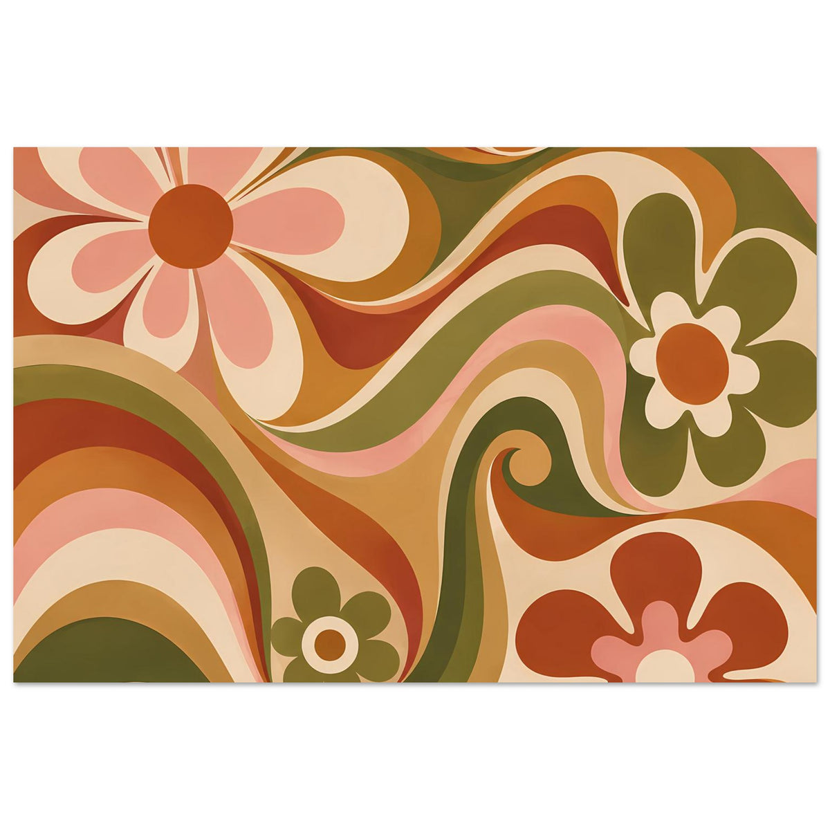 Florales Retro-Poster mit Wellenwirbel und Blüten in Olivgrün und Orange, horizontales Layout