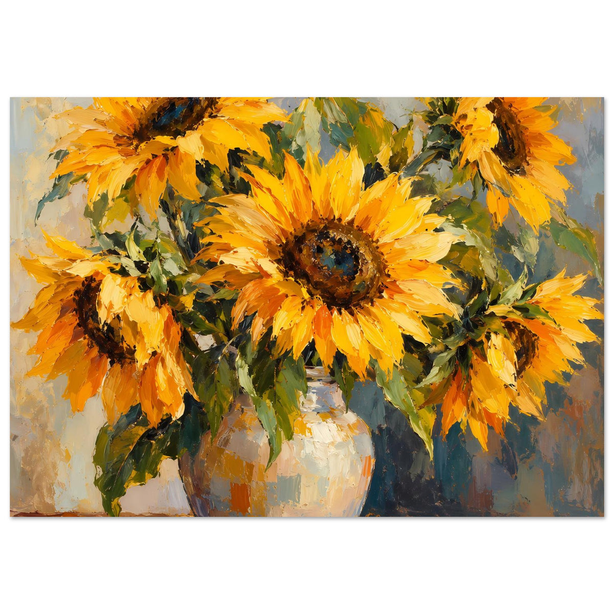 Sonnenblumen-Stillleben-Poster: gelbe Blüten in Vase, gemalter Stil mit dunklem Blütenzentrum.