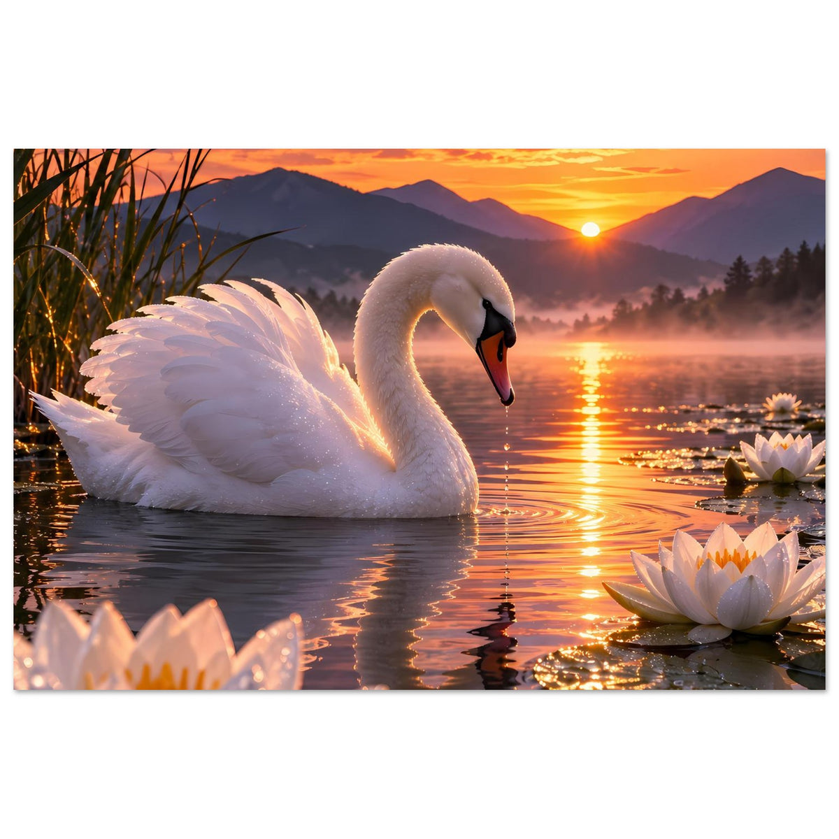 Poster mit weißem Schwan im See, Seerosen am Ufer und Sonnenuntergang über den Bergen