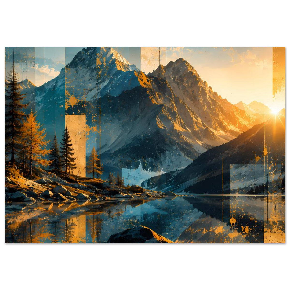 Poster mit abstrakter Berglandschaft, goldene Sonne, Berge und Tannen, blau-gelb, Querformat