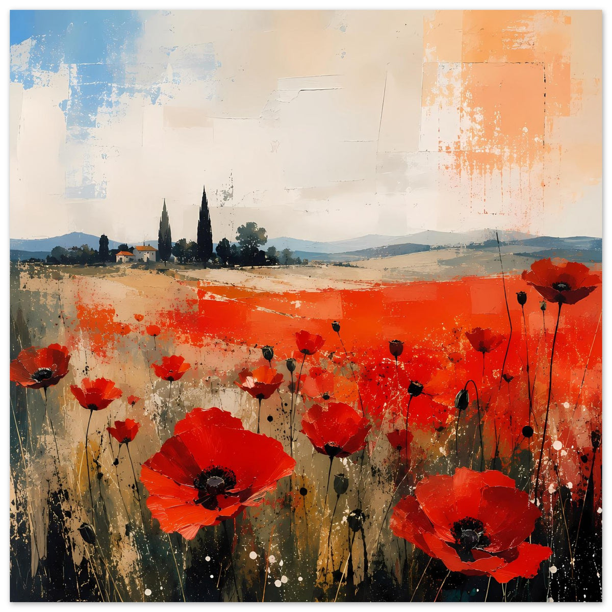 Poster mit roten Mohnblumen und farbigen Spritzern, abstrakte Landschaft im Hintergrund