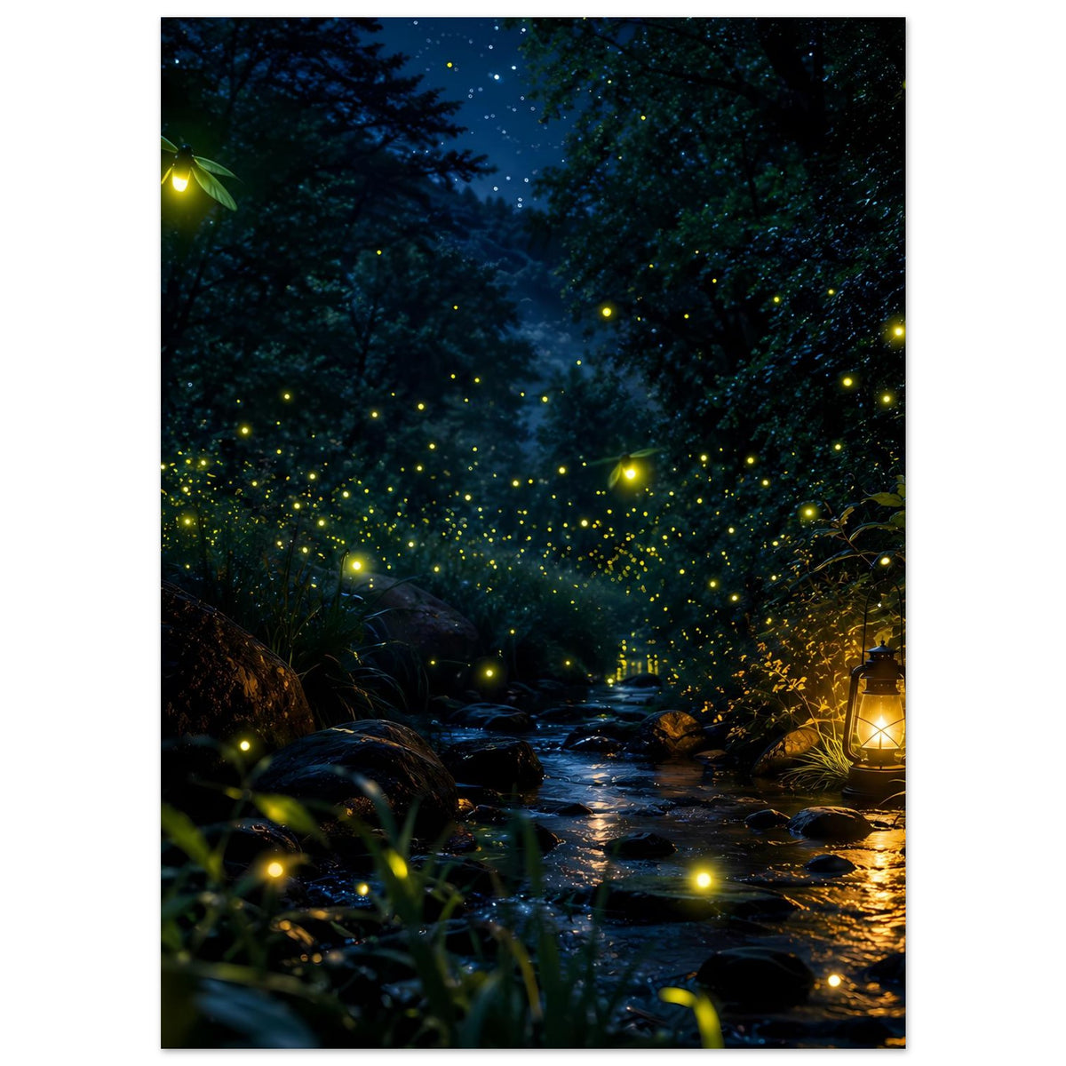 Poster mit nächtlichem Waldweg, Glühwürmchenlicht und Laterne im Vordergrund