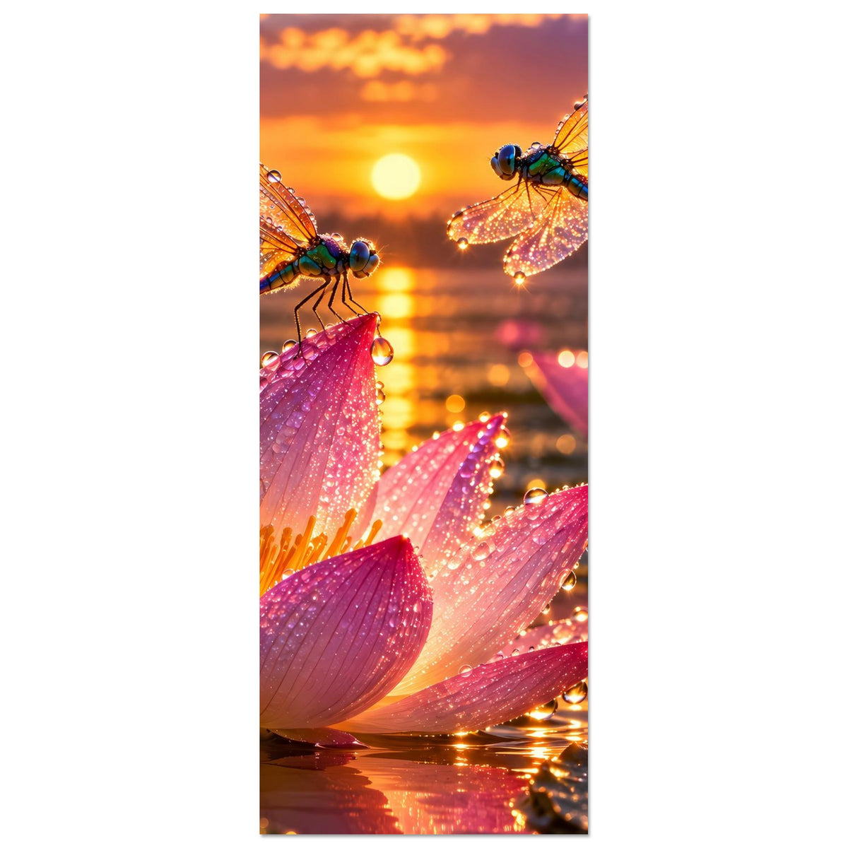 Poster (Hochformat) mit Libellenpaar auf rosa Lotusblüten im goldenen Sonnenuntergang