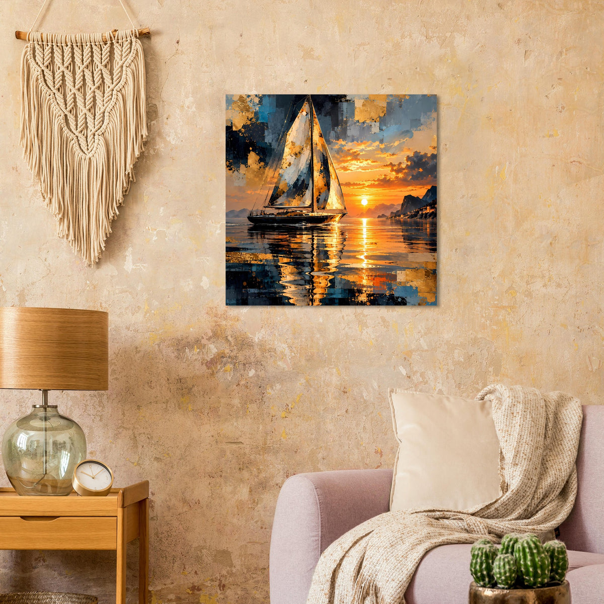Quadratisches Poster mit Segelboot-Motiv, orangefarbener Sonnenuntergang und Reflexionen