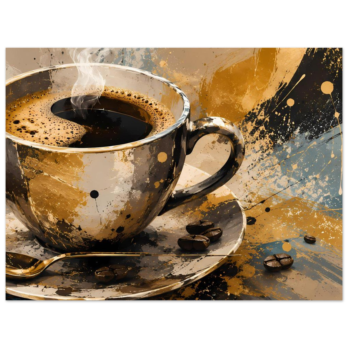 Kunstposter mit Kaffeetasse auf Untertasse, dunkler Kaffee, Dampfwolke und Kaffeebohnen