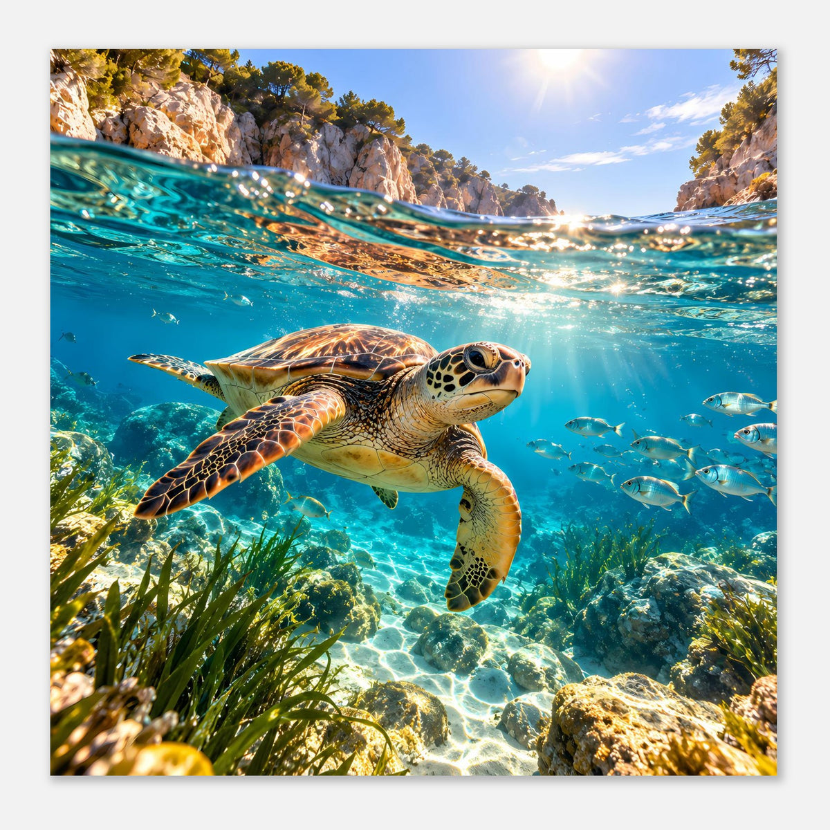Poster mit Meeresschildkröte, türkisblauem Wasser und Wasserpflanzen im Blick